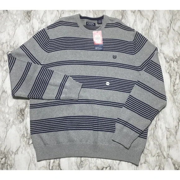 CHAPS Sweater Mens Size 2XL Gray Navy Striped Embroidered Logo NWT - Picture 1 of 9